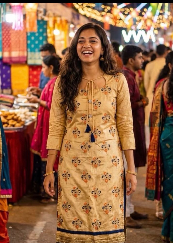 Beautiful Beige Kurta with Blue Tassels