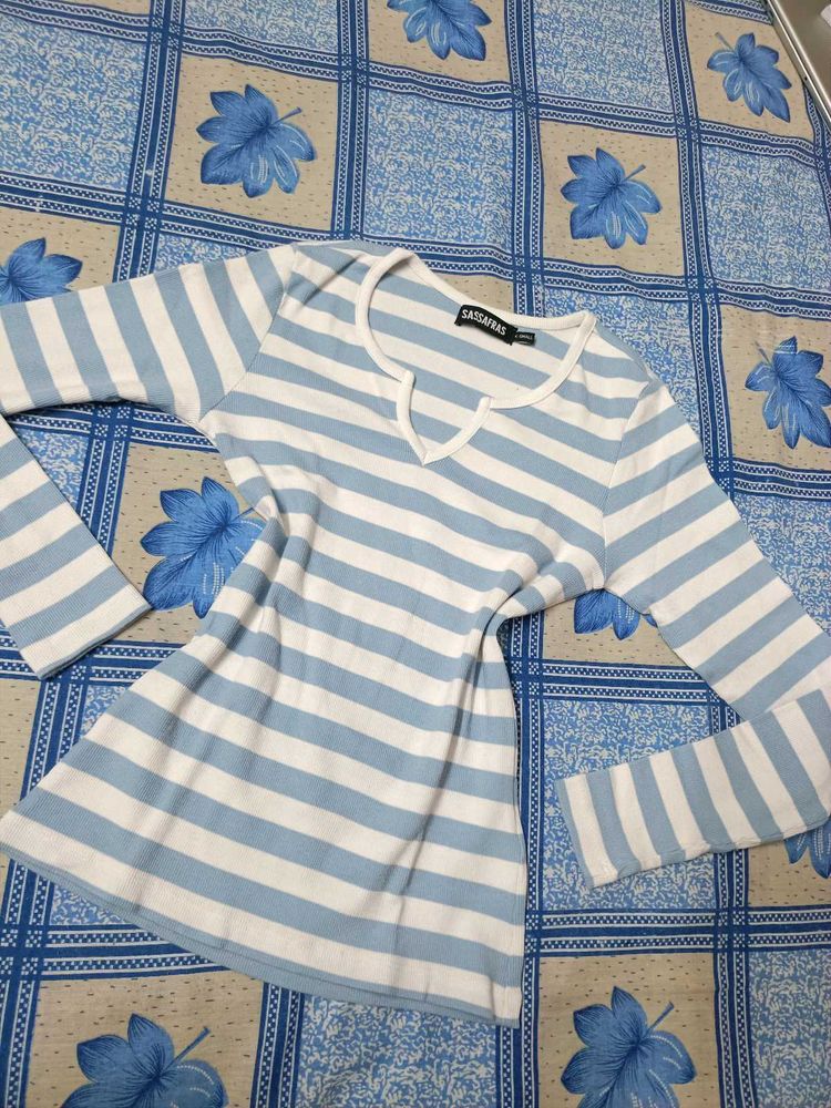 Blue and White Striped V-Neck Top