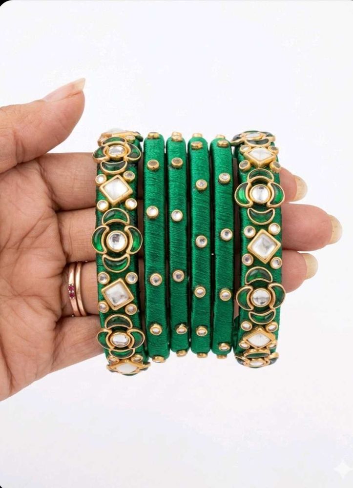 Elegant Green Silk Thread Bangles with Kundan