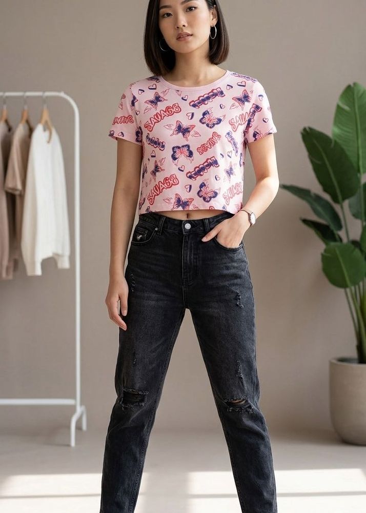 Pink Butterfly Graphic Crop Top