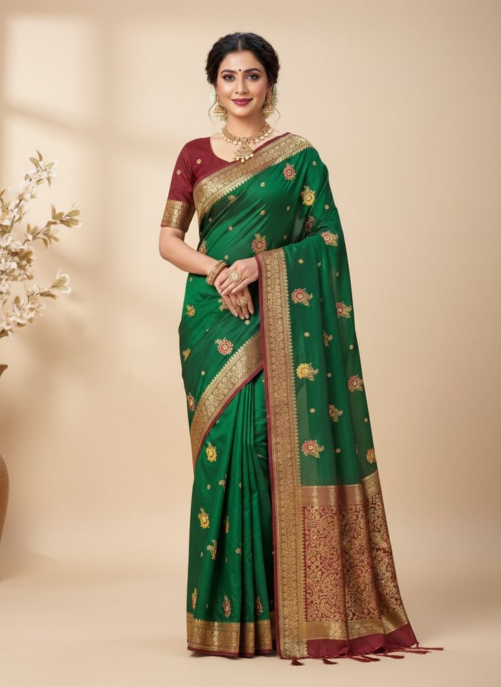 Beautiful Green Embroidered Silk Saree
