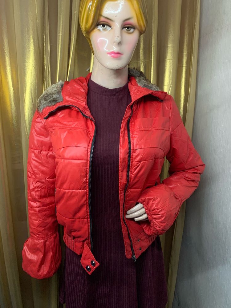 Red Puffer Jacket with Fur Trim
