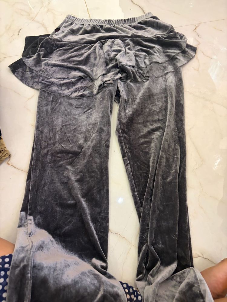 Velvet Palazzo Pants with Ruffles