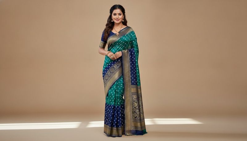 New Bandini Print Blue &amp; Green Silk Saree