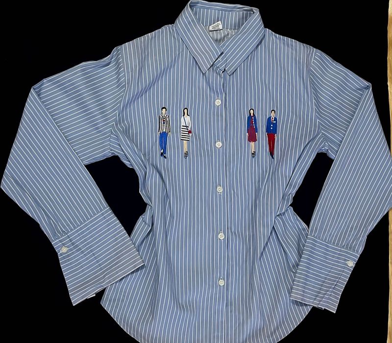 Striped Button-Up Shirt with Embroidered Figures