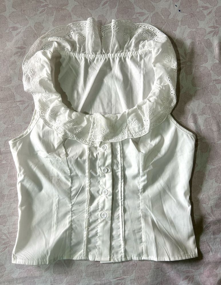 White Ruffled Neck Sleeveless Top
