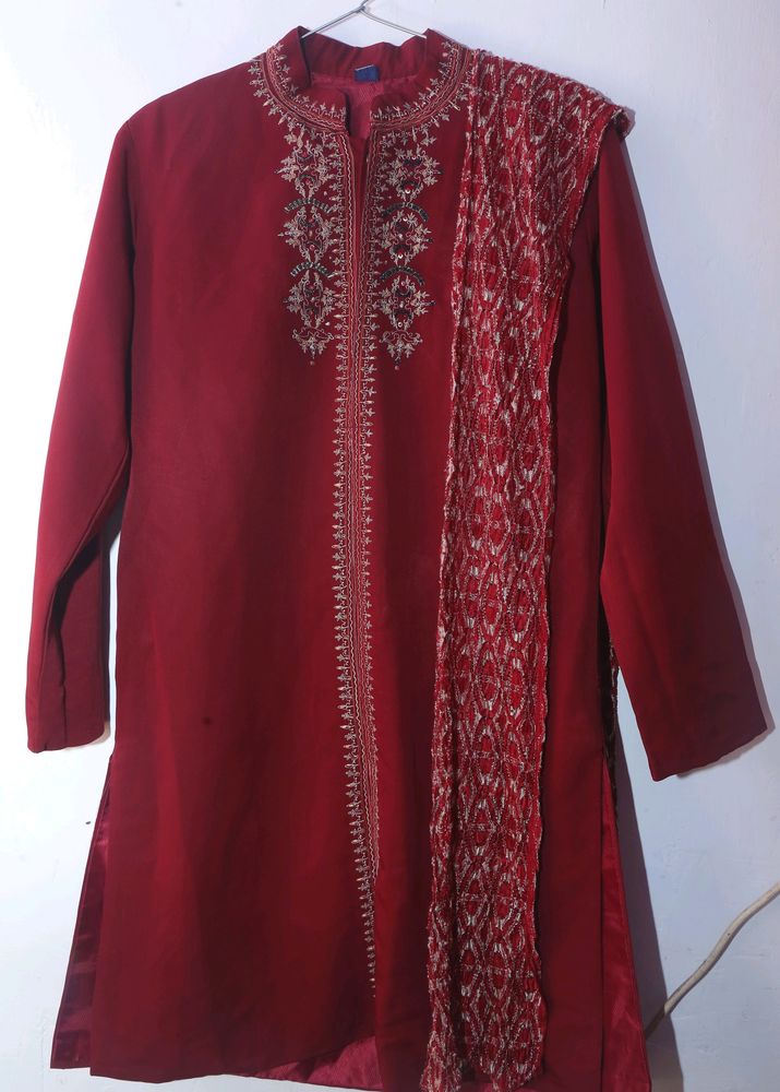 Maroon Silk Sherwani For Boy M Size