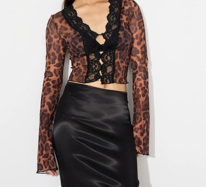 Leopard Print Lace Trim Mesh Top
