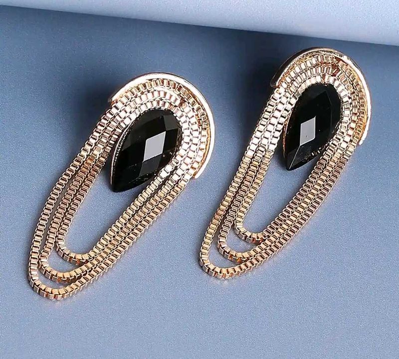 Elegant Gold Dangle Earrings with Black Stone