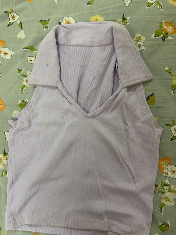 Lilac V-Neck Collared Crop Top