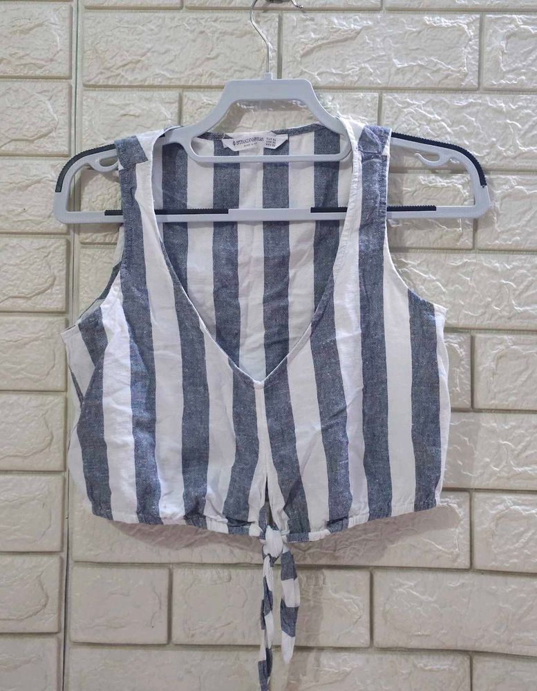 Stradivarius Striped Tie-Front V-Neck Crop Top