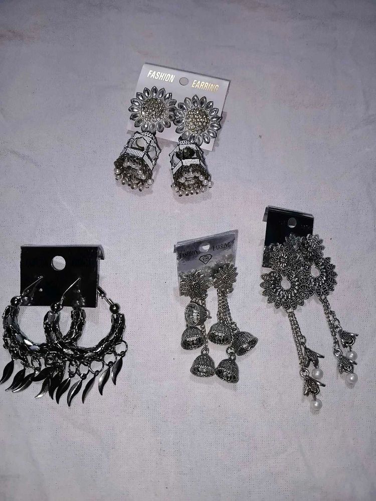 Combo Set of 4 Oxidized Jhumka &amp; Hoop Earrings