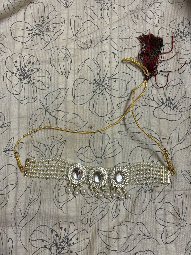 set of 2- Elegant Pearl and Stone Choker Necklace