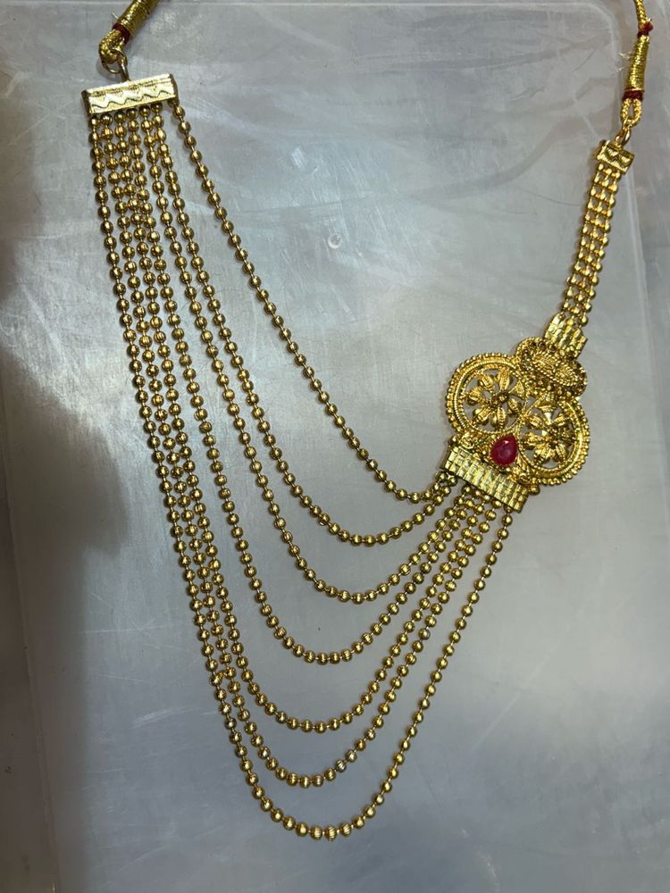 Elegant Layered Gold-Tone Necklace with Red Stone
