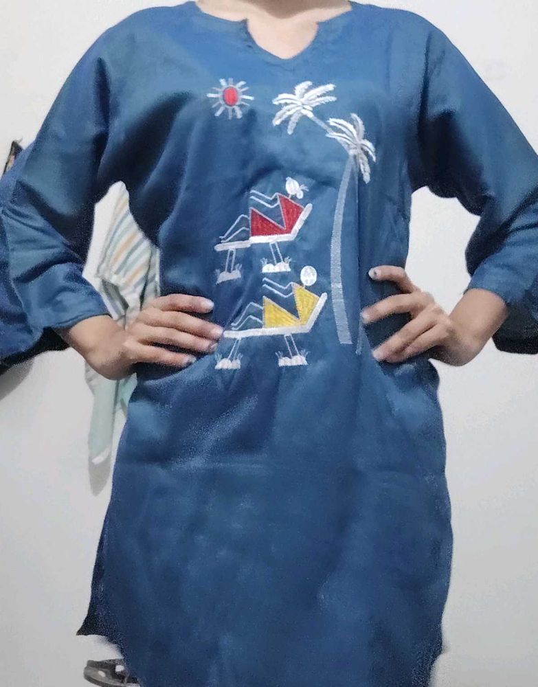 Blue Kurta with Beach Scene Embroidery