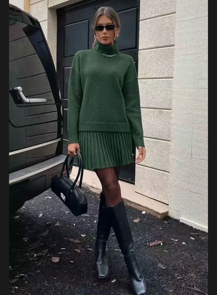 Green Turtleneck Sweater &amp; Pleated Skirt Set