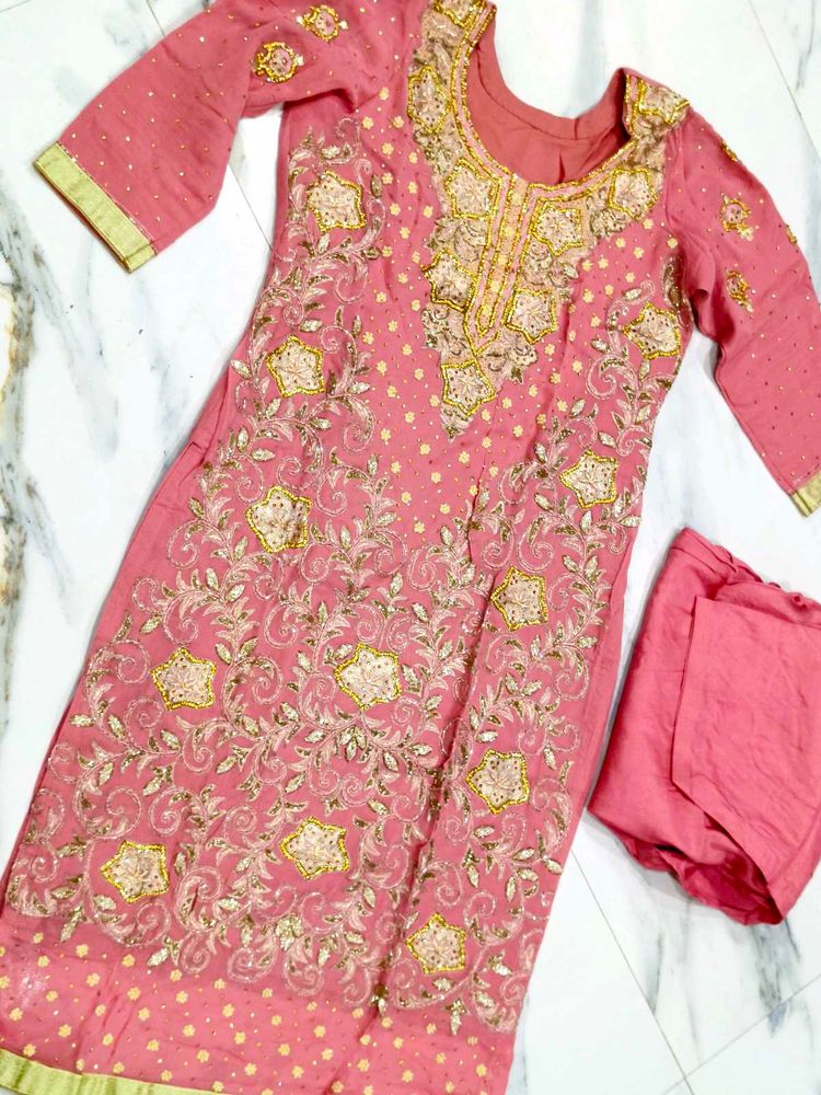 zardozi Embroidered carrot pink Kurta shalwar Set