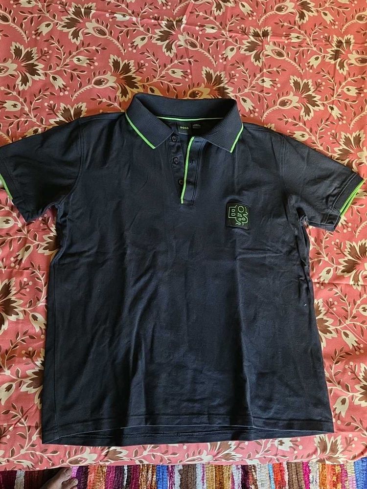 Men's Dark Polo Shirt with Neon Green Accents