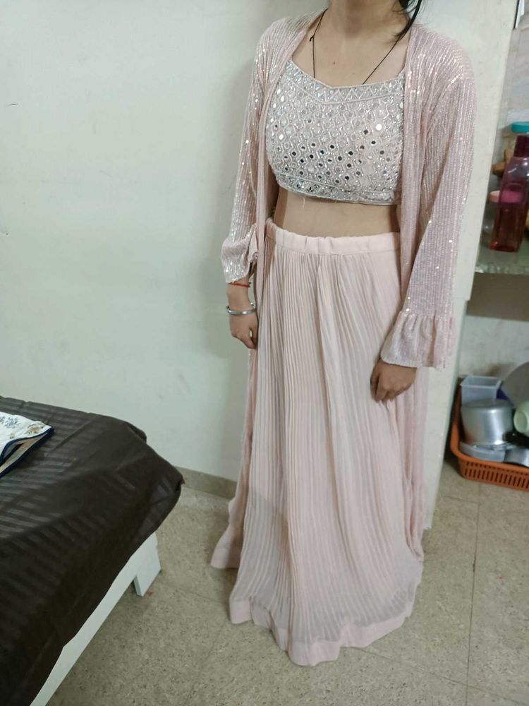 Blush Sequin Crop Top, Palazzo Pants &amp; Shrug Set