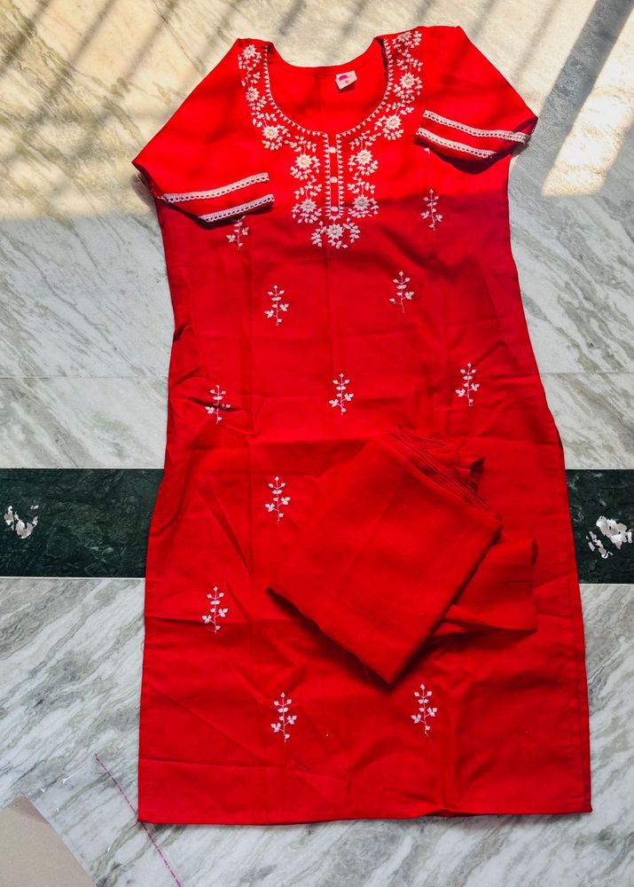 Red Embroidered Kurta Set