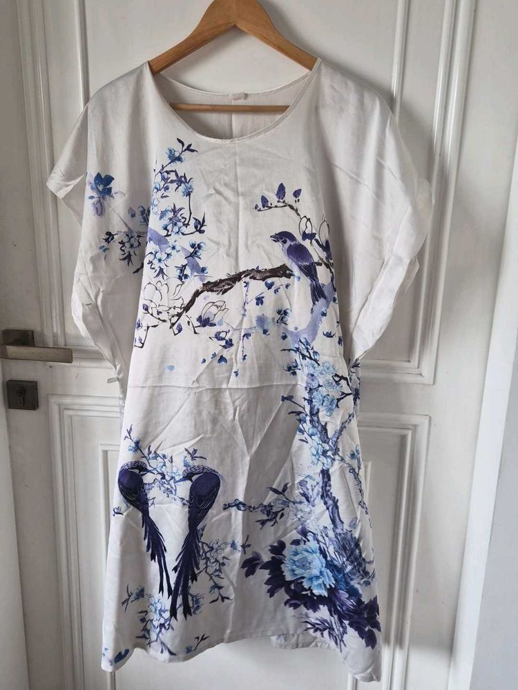 White Bird Print Kaftan Dress