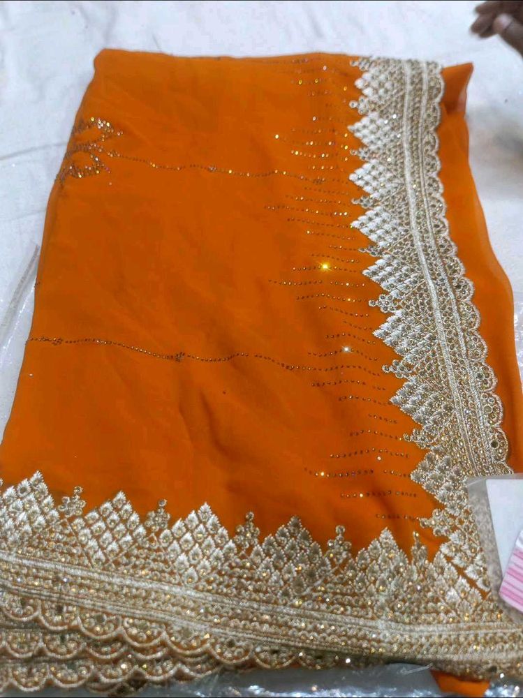 🔥  orange 🧡 heavy stone &amp; zari wark saree 💕