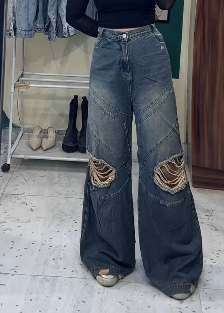 Distressed Wide Leg Denim Jeans