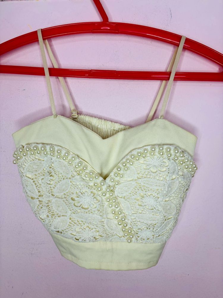Elegant Pearl Embellished Crop Top/Blouse🌸