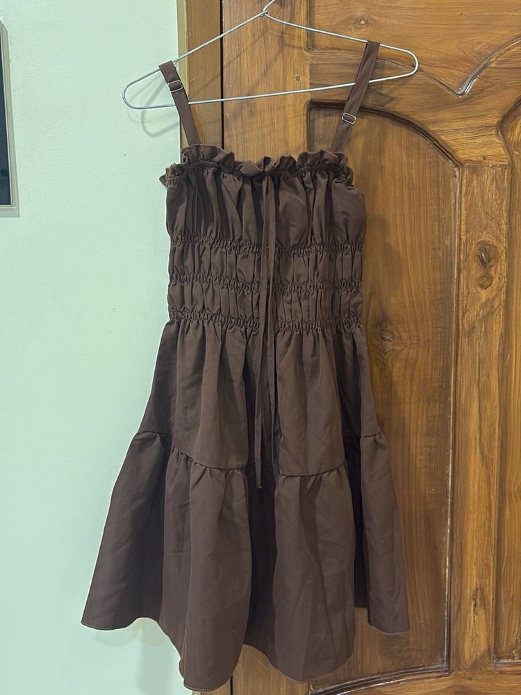savana brown Smocked Tiered Mini Dress