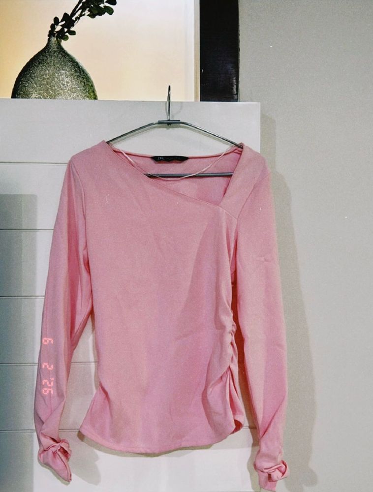 Stylish Pink Ruched Long Sleeve Top