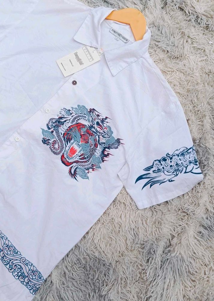 vintage Dragon Print White Short Sleeve Shirt