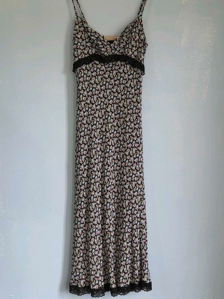 Floral Print Lace Trim Midi Dress