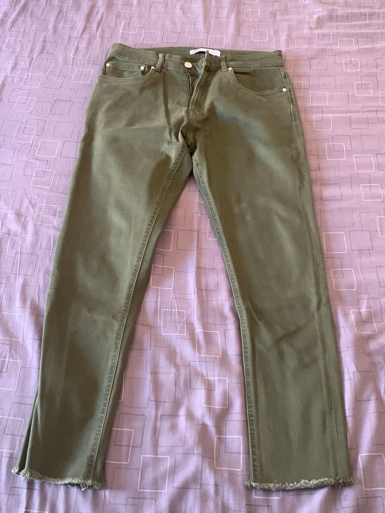 Olive Green Frayed Hem Jeans