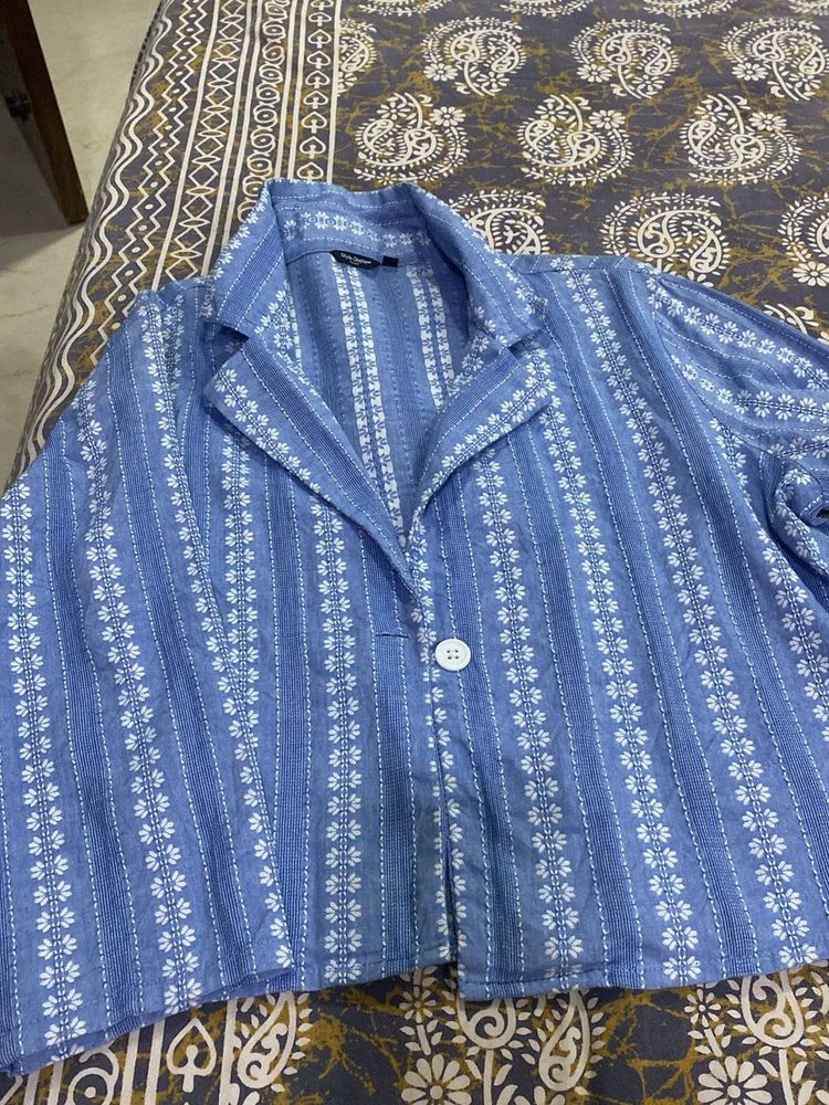 Blue Striped Button-Up Blazer