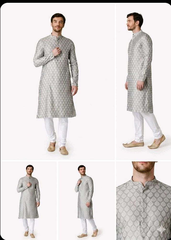 Men's Silver Jacquard Kurta Set M size