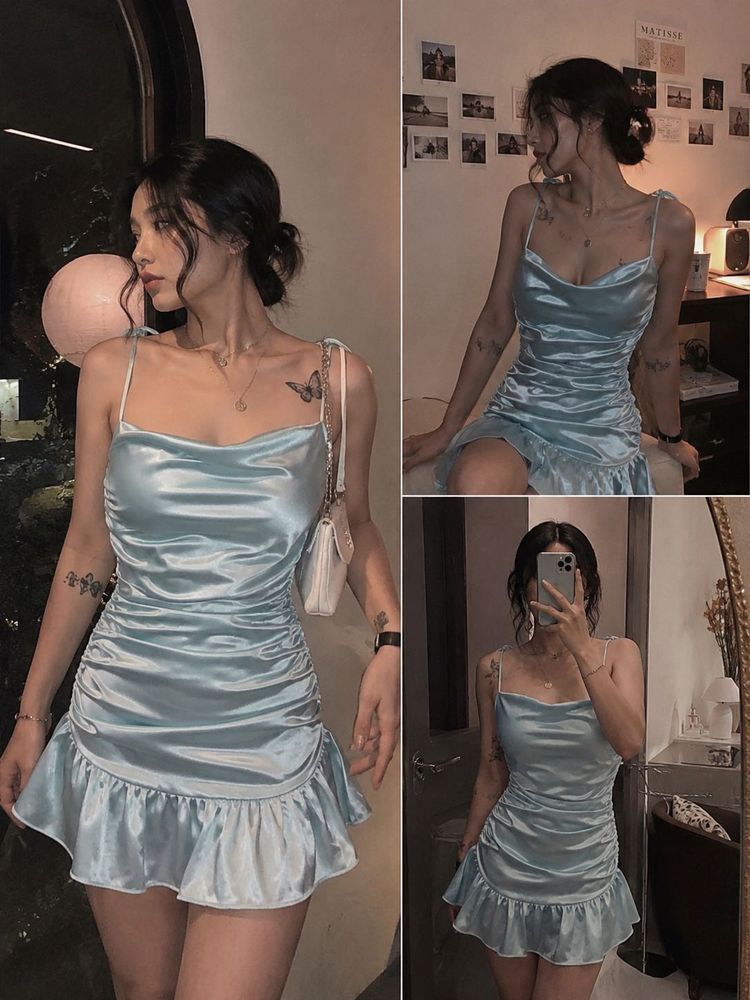 Satin Ruched Mini Dress | Baby Blue