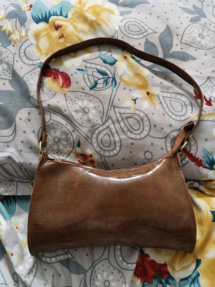 Brown Croc Embossed Shoulder Bag