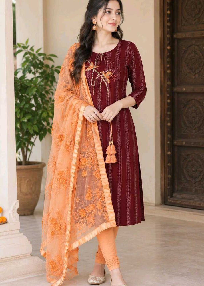 Maroon Kurta Set with Orange Dupatta