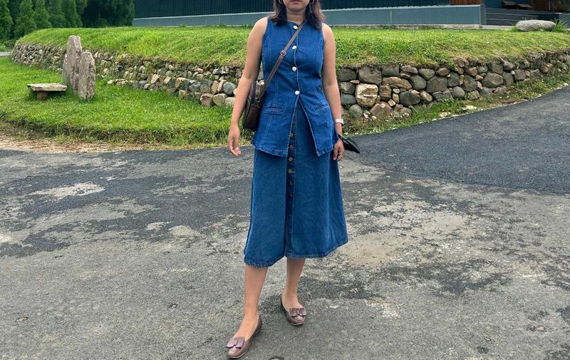 Denim Dress Which Comes In Waist Coat And Skirt