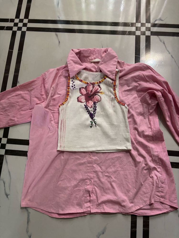 Pink Layered Button-Down Shirt with Floral Top
