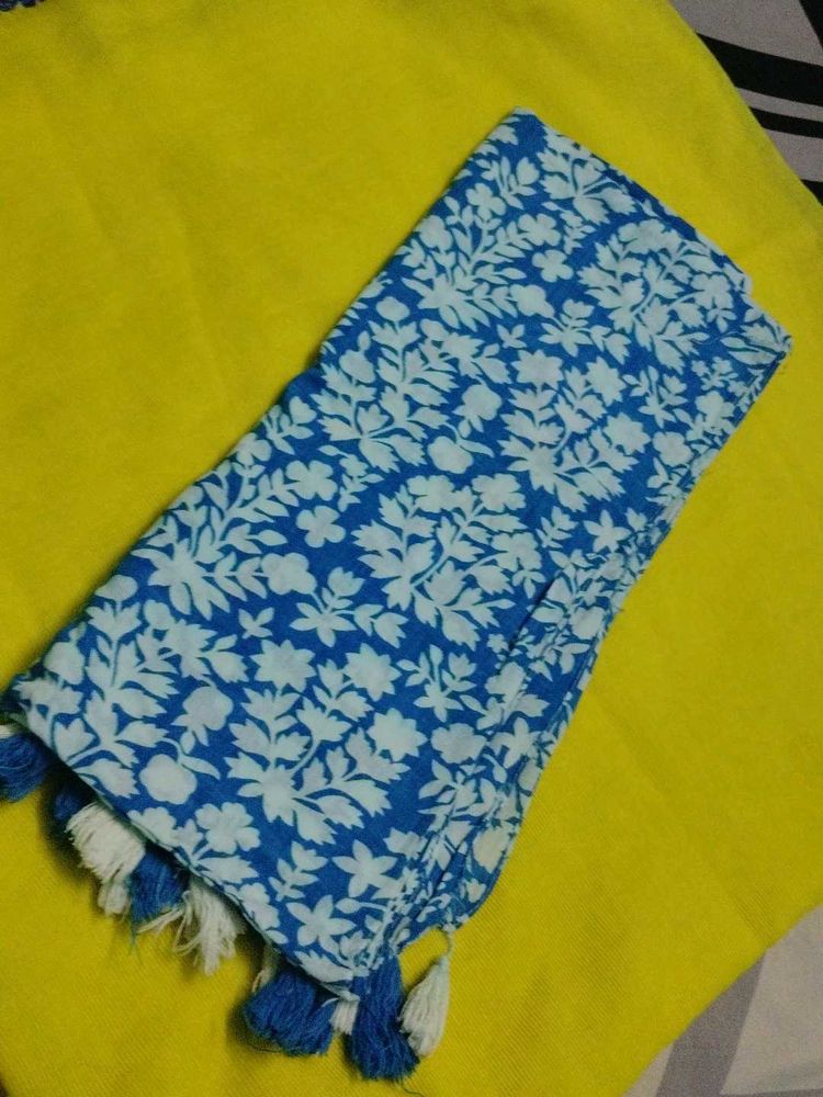 Blue Floral Dupatta with Tassels