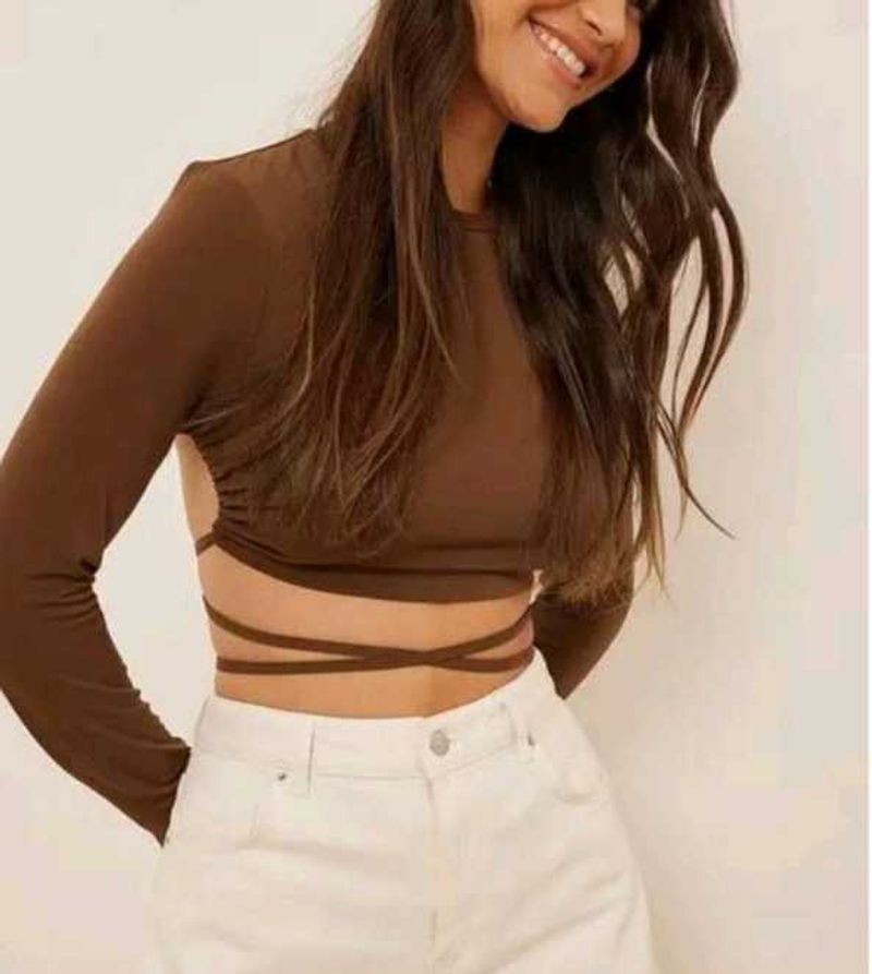 Brown Long Sleeve Wrap Crop Top