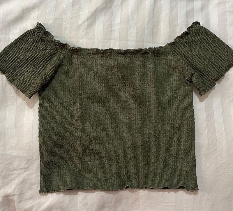 Olive Green Off-Shoulder Smocked Top