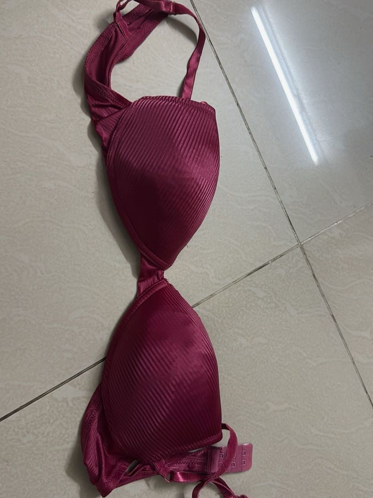 Stylish Pink Ribbed Push-Up Bra