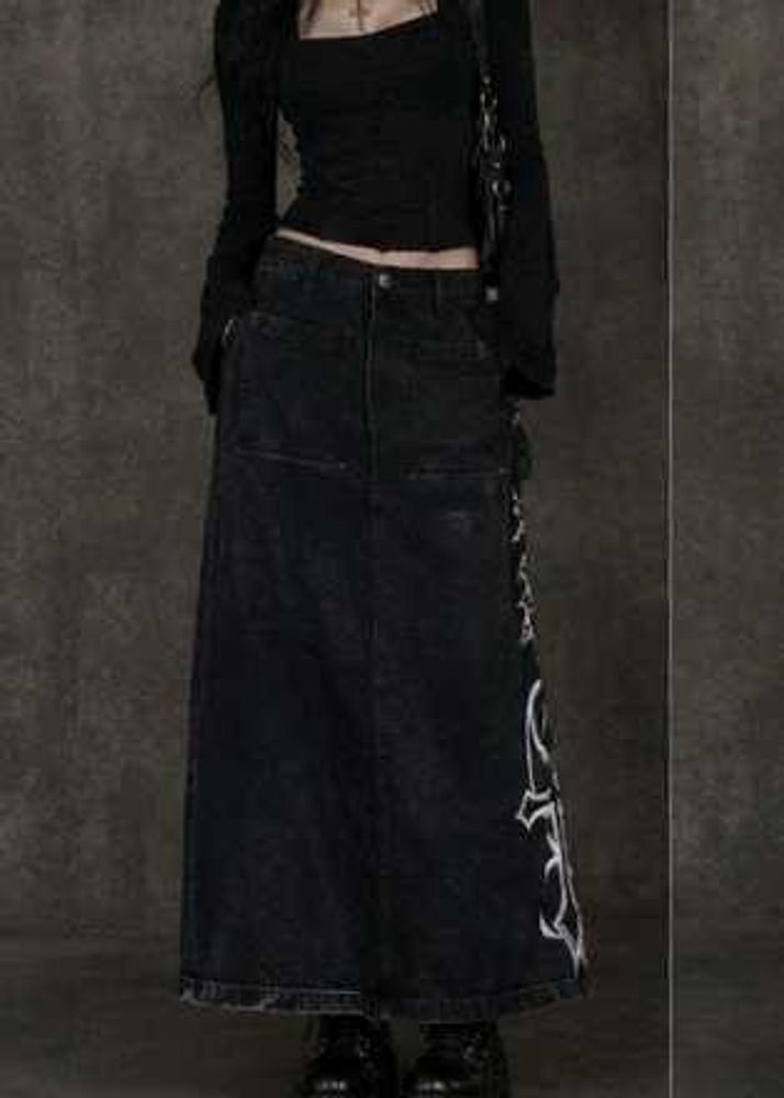 korean midi black skirt with cybersigilism art