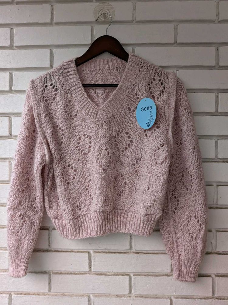 Pink V-Neck Cropped Knit Sweater