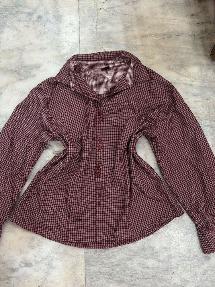 y2k Chic Maroon Checkered Full Sleeve Shirt