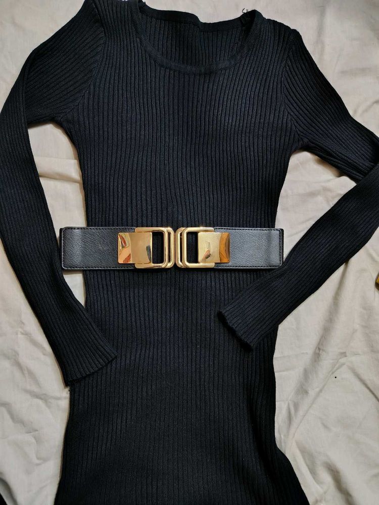 Black Ribbed Knit Dress with Belt