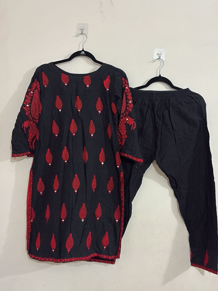 Embroidered Pakistani Black &amp; Red Kurta Set