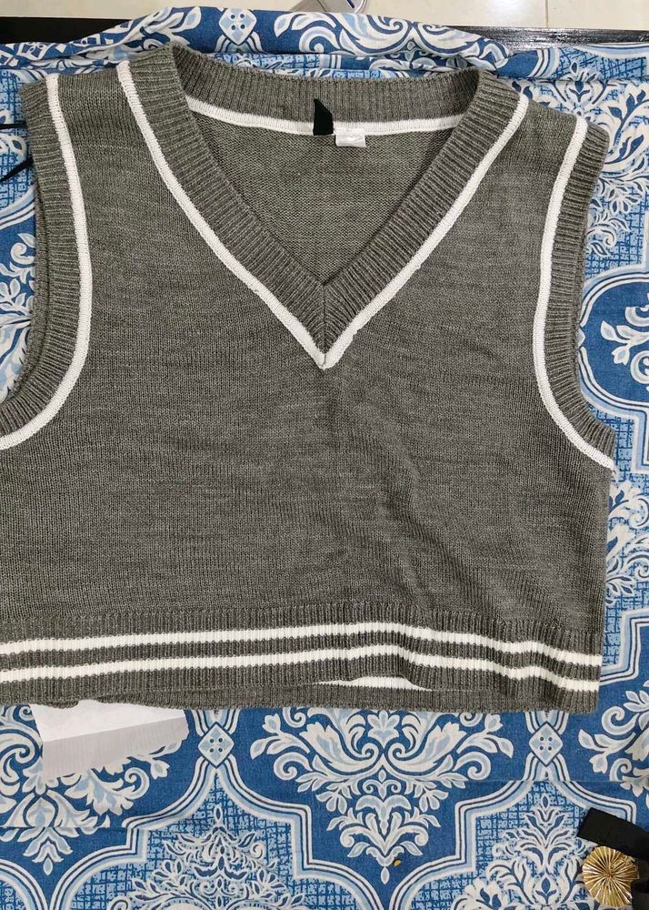 Gray Knit V-Neck Vest with White Stripes